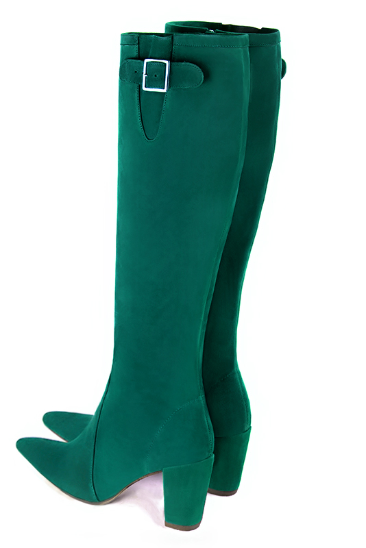 Emerald green women's knee-high boots with buckles. Tapered toe. High block heels. Made to measure. Rear view - Florence KOOIJMAN